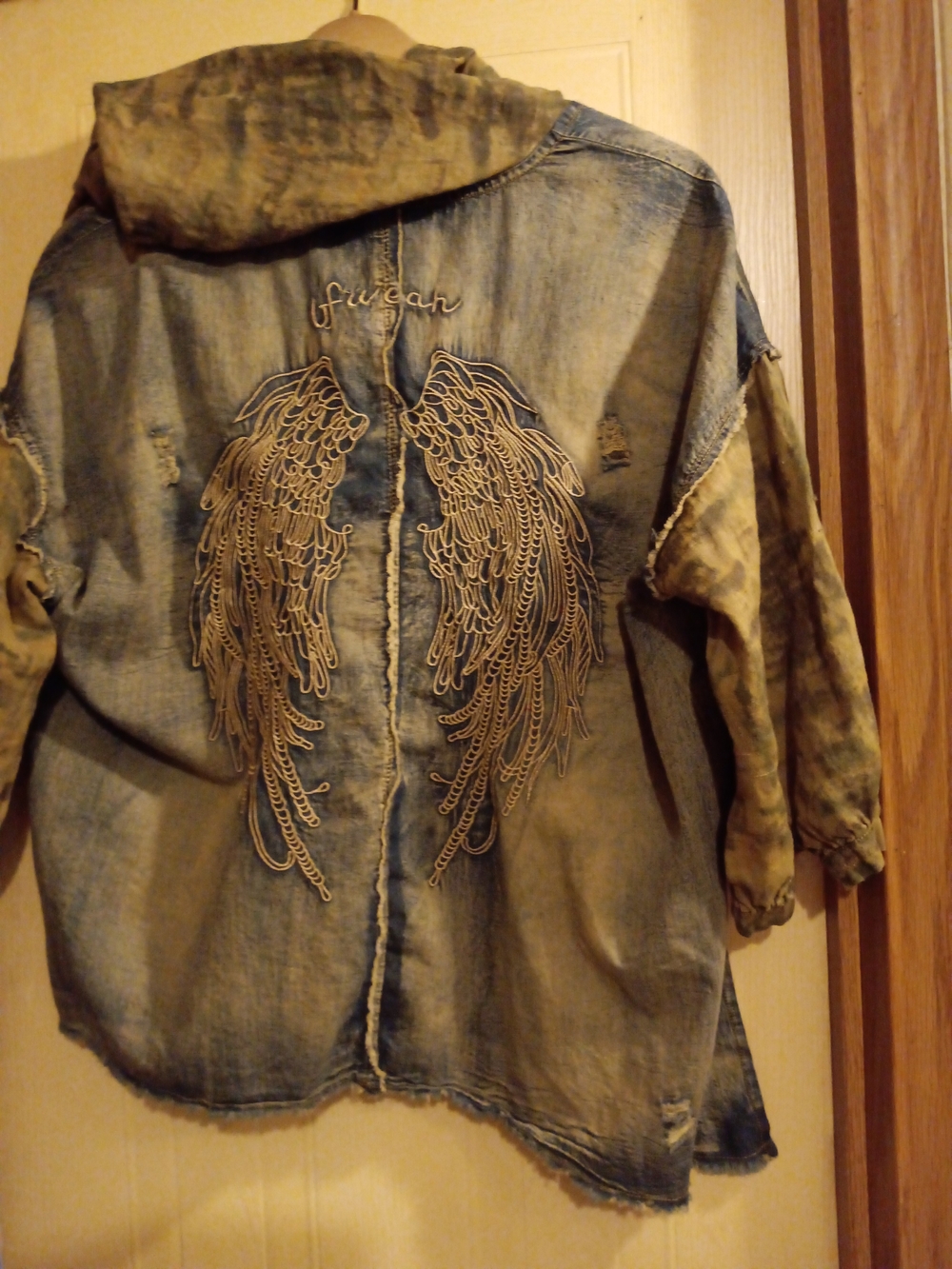 Distressed Denim Hooded Jacket with Embroidered Angel Wings